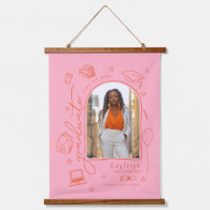 Pink Orange Hand Drawn Photo Graduation  Hanging Tapestry