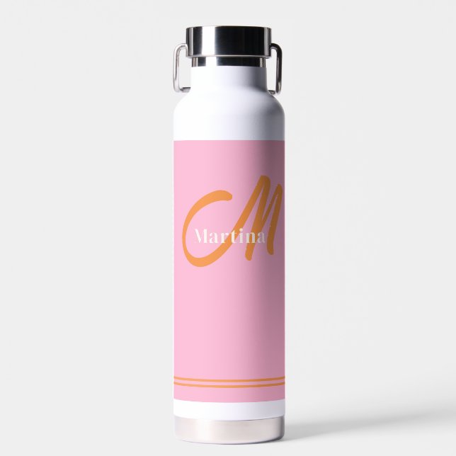 Pink Orange Initial Modern Monogram Water Bottle (Front)