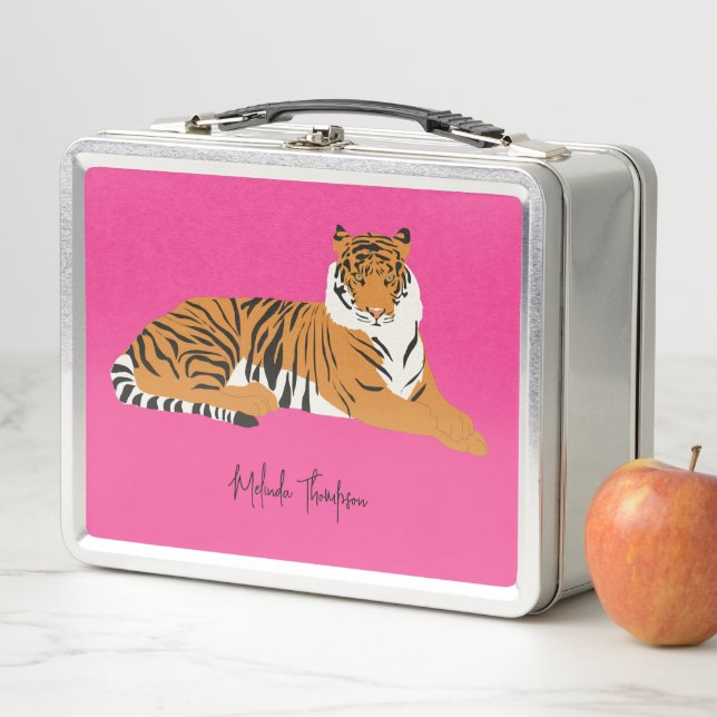 Pink Orange Jungle Safari Tiger Animal Trendy Metal Lunch Box (In Situ)