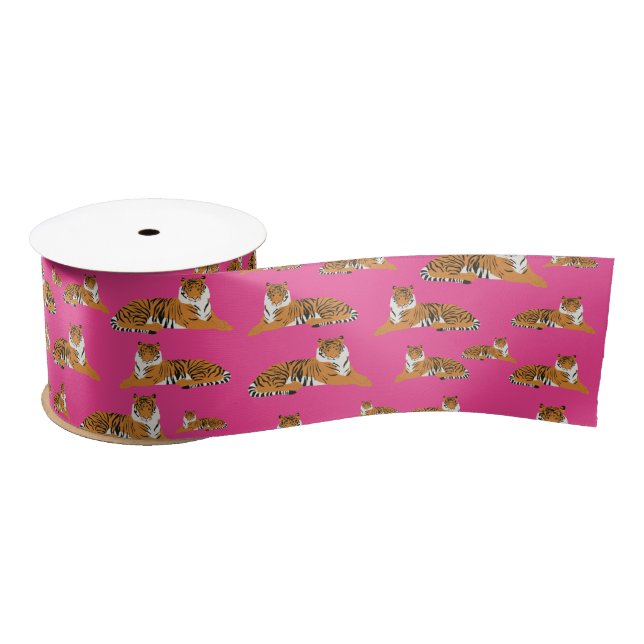 Pink Orange Jungle Tiger Animal Pattern Satin Ribbon (Spool)