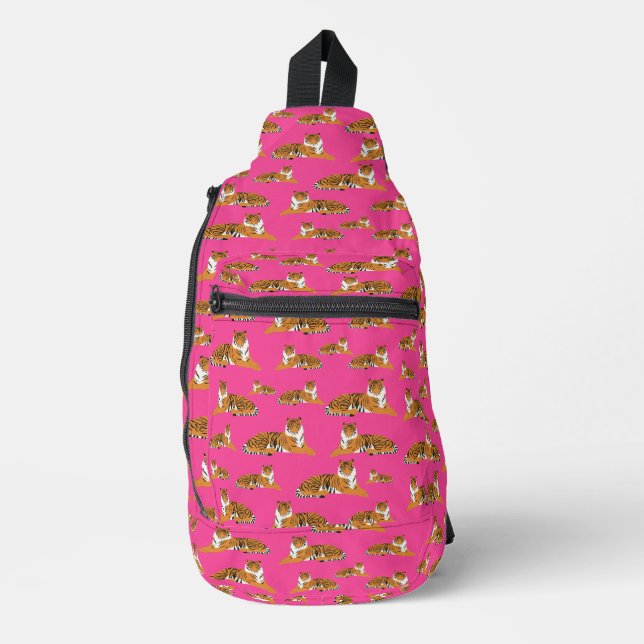 Pink Orange Jungle Tiger Animal Pattern School Sling Bag (Front)