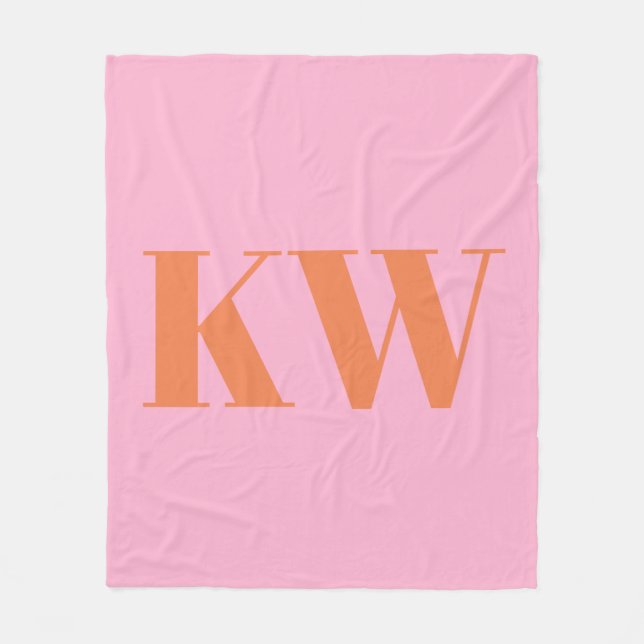 Pink Orange Large Monogrammed Initial Personalised Fleece Blanket (Front)