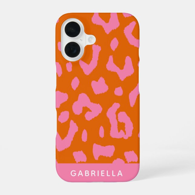 Pink Orange Leopard Print Pattern Personalised iPhone 16 Case (Back)