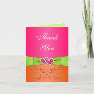 Pink Orange Lime Floral Hearts Thank You Note Card