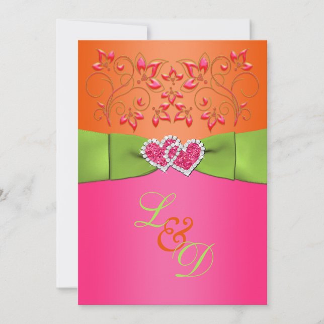 Pink, Orange, Lime Floral Joined Hearts Invite 2 (Front)