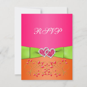 Pink Orange Lime Floral Joined Hearts RSVP Card 2