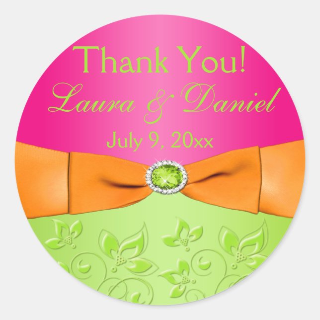 Pink Orange Lime Floral Wedding Favour Sticker (Front)