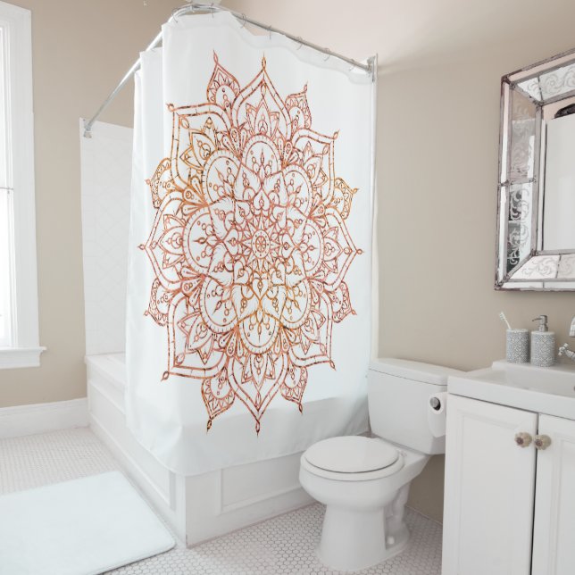 Pink & Orange Mandala on White Glam Shower Curtain (In Situ)