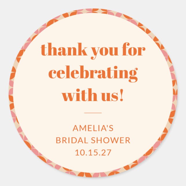 Pink Orange Mid Century Custom Bridal Shower Thank Classic Round Sticker (Front)