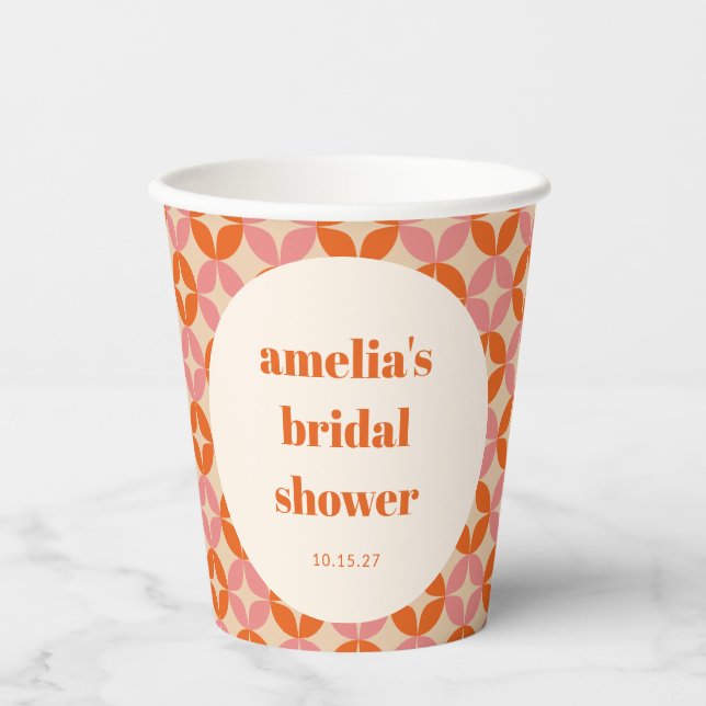 Pink Orange MidCentury Modern Custom Bridal Shower Paper Cups (Front)