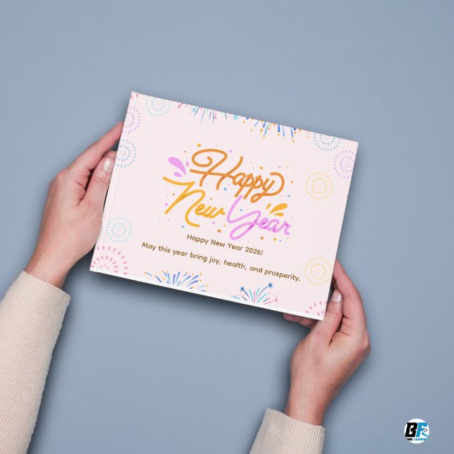 Pink Orange Minimalist Happy New Year Invitation Postcard (Happy New Year 🕛🕛🎊)