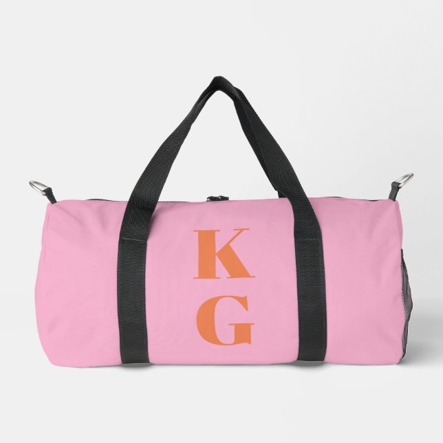 Pink Orange Monogram Initials Preppy Personalised Duffle Bag (Front)