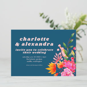 Pink Orange Navy Watercolor Flowers Casual Wedding Invitation