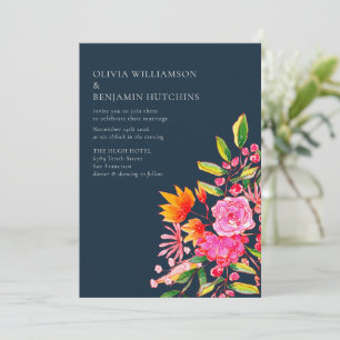 Pink Orange Navy Watercolor Flowers Modern Wedding Invitation