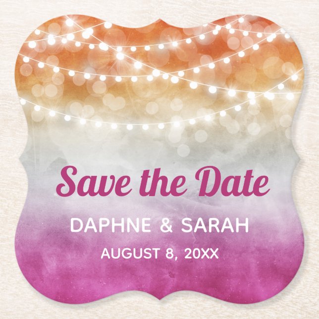 Pink Orange Ombre  Lesbian Wedding Save the Date Paper Coaster (Front)
