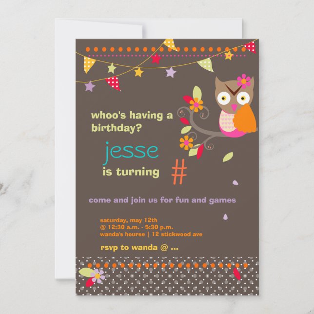 Pink / Orange Owl Personalised Birthday Party Invitation (Front)