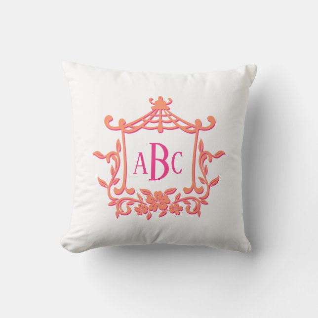 Pink Orange Pagoda Flower Frame Monogram Initials Cushion (Front)