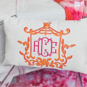 Pink Orange Pagoda Flower Frame Monogram Initials Lumbar Cushion