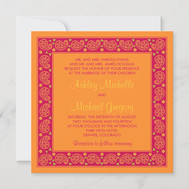 Pink Orange Paisley Floral Wedding Invitation (Front)