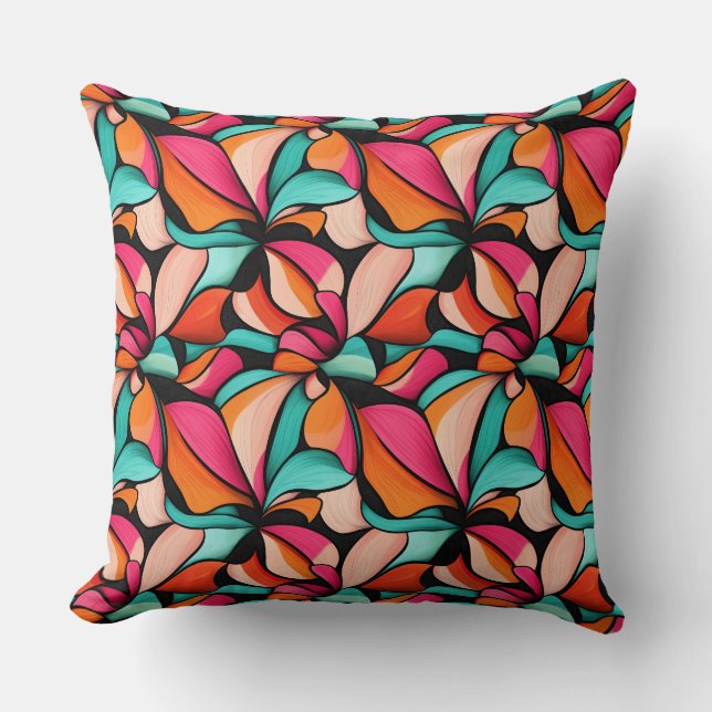 Pink, Orange & Pale Jade Floral Design Cushion (Front)