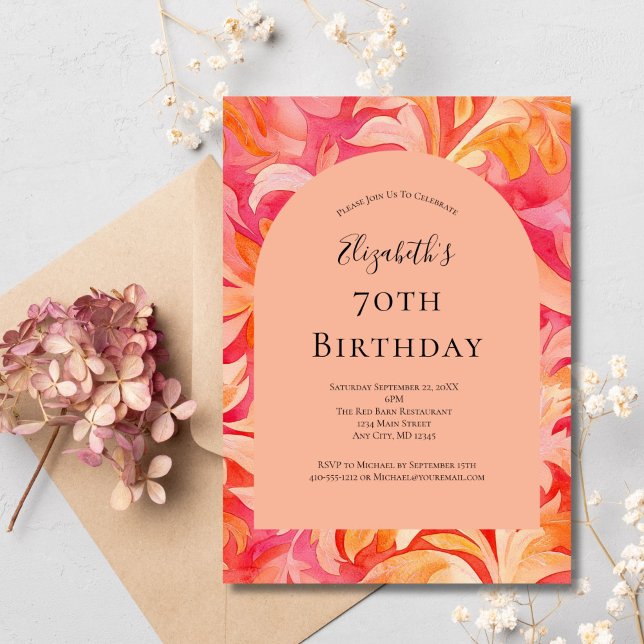 Pink Orange Peach Floral 70th Birthday For Her Invitation (Pink Orange Peach Art Nouveau Florals 70th or any year, birthday party invitation, Printed or Digita)