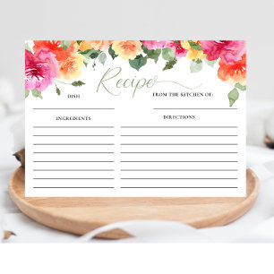Pink orange peonies bridal shower recipe card