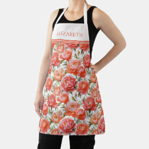 Pink Orange Peonies Floral Pattern Personalised Apron