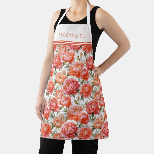 Pink Orange Peonies Floral Pattern  | Personalised Apron (Insitu)