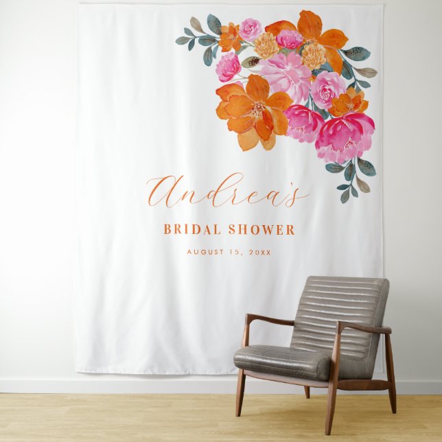 Pink Orange Photo Booth Bridal Shower Backdrop Tapestry (In Situ)