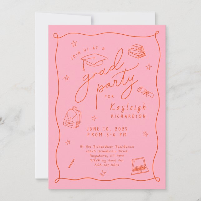 Pink Orange Photo Hand Drawn Grad Party Invitation (Front)