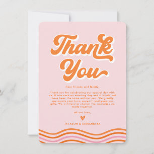 Pink Orange Photo Retro 70s Wedding Thank You Card