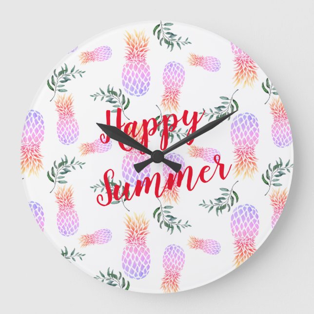 PINK & ORANGE PINEAPPLE HAPPY SUMMER LARGE CLOCK (Front)