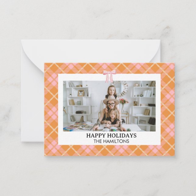 Pink Orange Plaid Bow Photo Christmas Card (Front)
