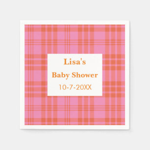 Pink Orange Plaid Gingham Baby Shower Napkin