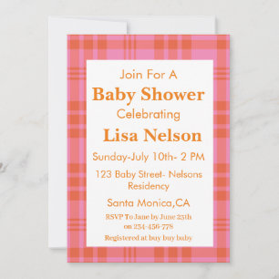 Pink Orange Plaid Gingham Chequered  Baby Shower  Invitation
