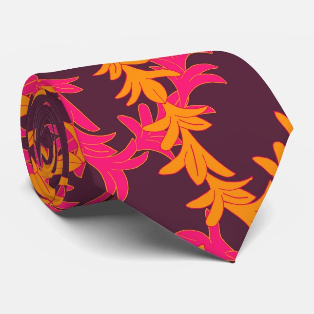 Pink Orange Plumeria Pattern Beach Wedding Tie (Rolled)