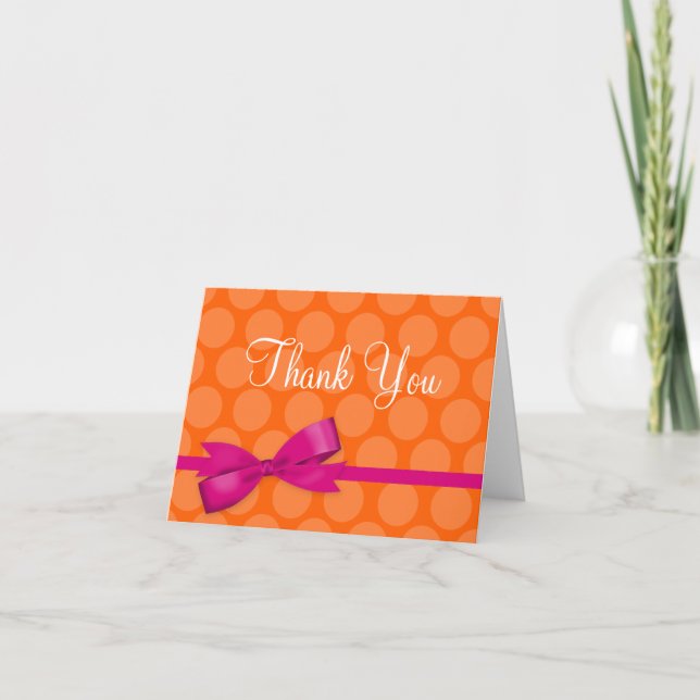 Pink Orange Polka Dot Printed Bow Thank You Card (Front)