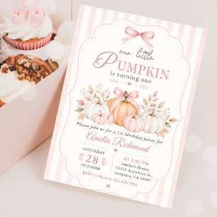 Pink Orange Pumpkin Bow Girl First Birthday Invitation