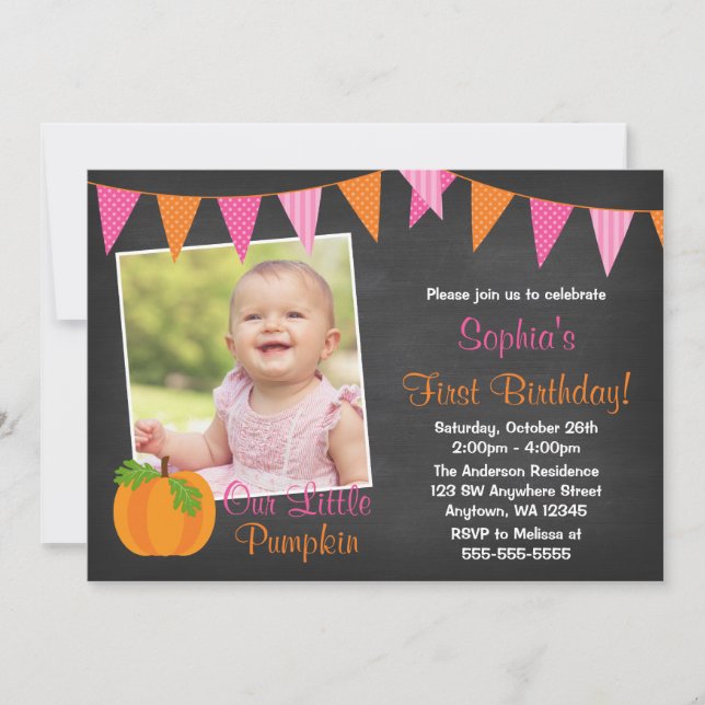 Pink Orange Pumpkin Chalkboard Girl Photo Birthday Invitation (Front)