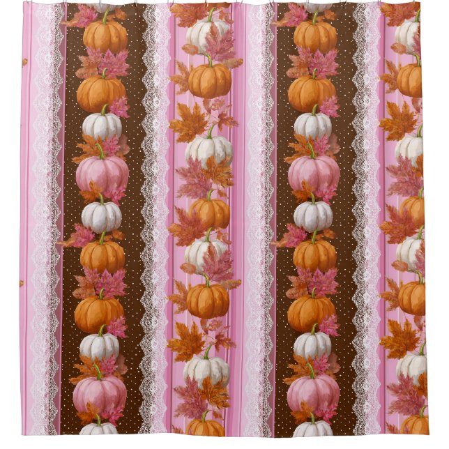 Pink Orange Pumpkin Floral Fall Pattern Shower Curtain (Front)