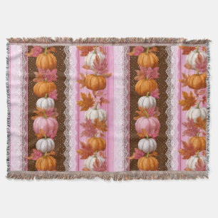 Pink Orange Pumpkin Floral Fall Pattern Throw Blanket