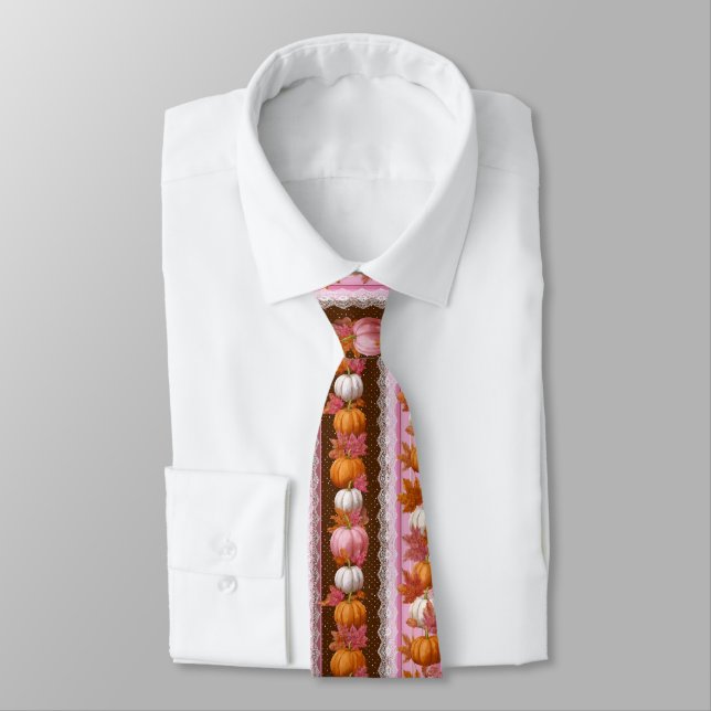 Pink Orange Pumpkin Floral Fall Pattern Tie (Tied)