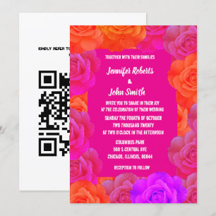 Pink Orange Purple Floral QR Code Roses Wedding Invitation