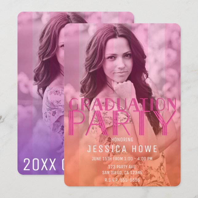 Pink Orange Purple Graduation Party Graduate Photo Invitation (Front/Back)