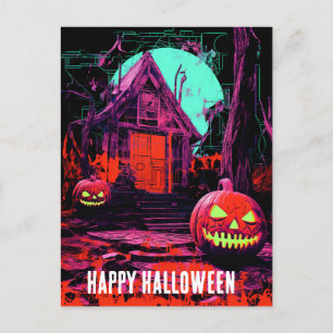 Pink Orange Purple Haunted Halloween House Postcard