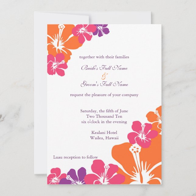 Pink Orange Purple Hibiscus Hawaiian Wedding Invitation (Front)