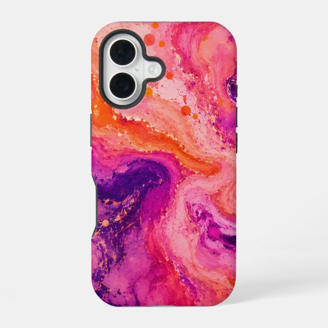 Pink Orange Purple Marble Paint Splash Pattern iPhone 16 Case (Back)
