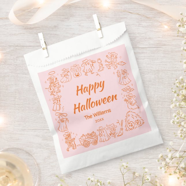 Pink Orange Quirky Hand Drawn Doodles Halloween Favour Bags (Clipped)