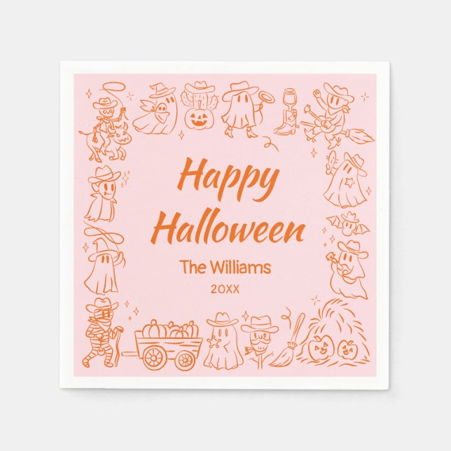 Pink Orange Quirky Hand Drawn Doodles Halloween Napkin (Front)
