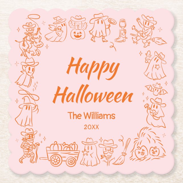Pink Orange Quirky Hand Drawn Doodles Halloween Paper Coaster (Front)